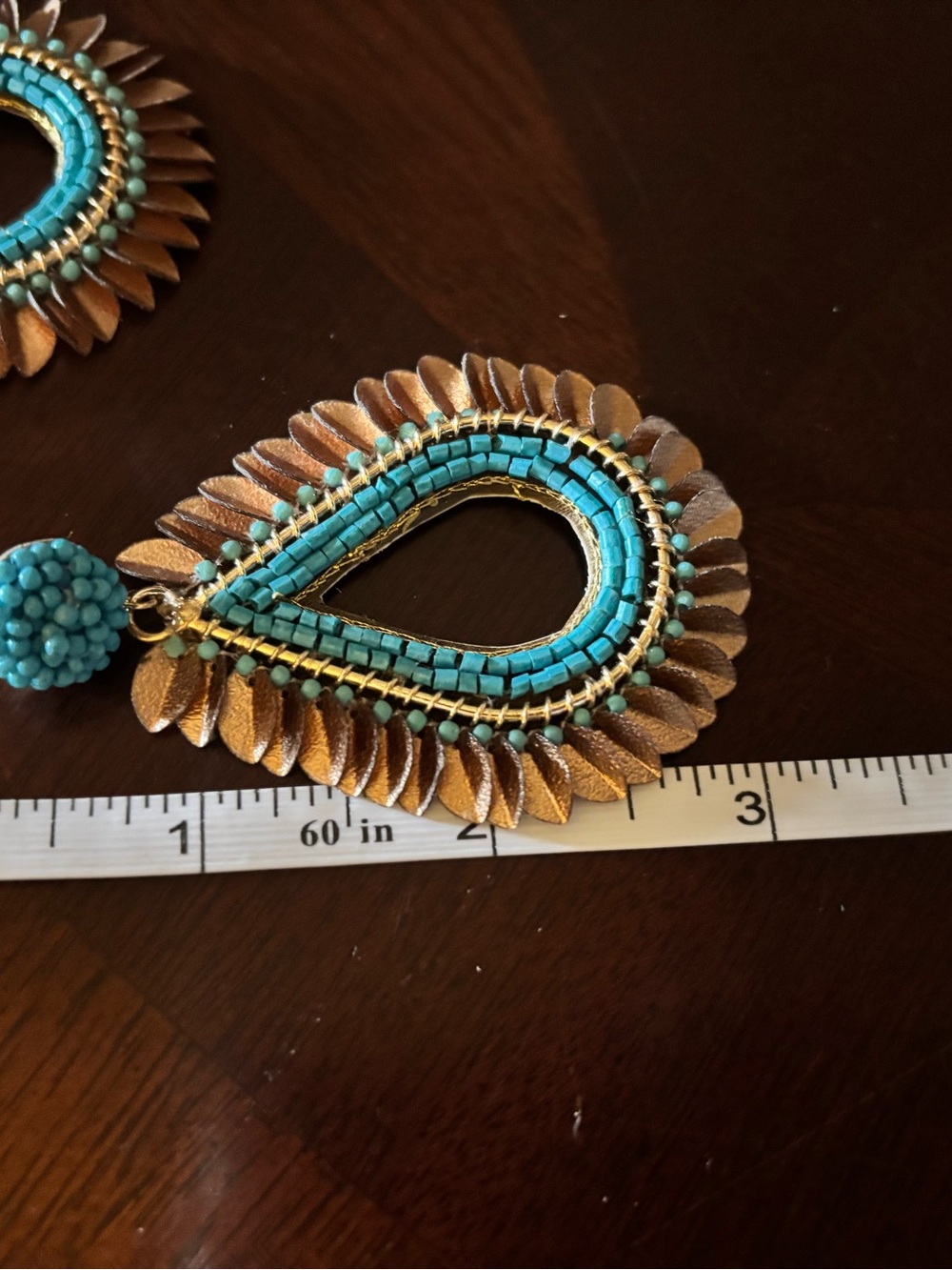 Handcrafted Southwest Teardrop Dangle Earrings with Turquoise Beaded Detail - Picture 3 of 6